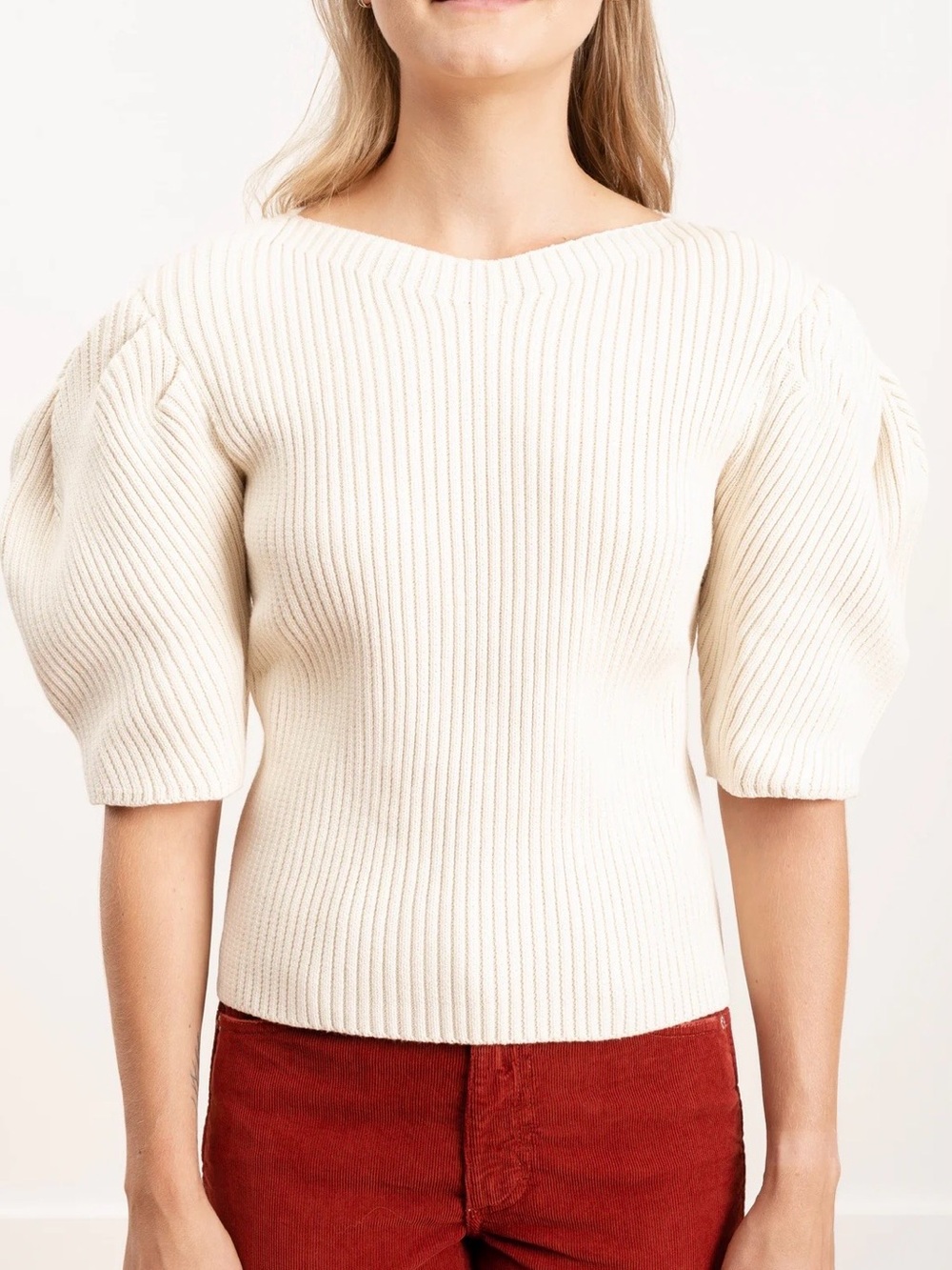 Mara Hoffman Cream Ribbed Puff-Sleeve Sweater Size M